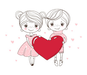 Wall Mural - Cute boy and girl are holding a big red heart. Doodle illustration for wedding, Valentine s Day. Children s card, sketch, linear hand drawing. Vector illustration isolated on white background