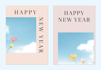 Wall Mural - New Year greeting template design, cosmos flowers against the sky