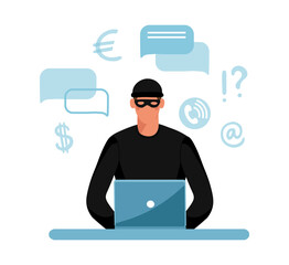 online crime concept illustration, online social media fraud. a swindler and a thief are working at 