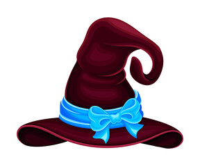 Wall Mural - Wide Brimmed Witch Hat with Conical Crown and Blue Ribbon with Bow Vector Illustration