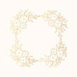 © Kirill - Golden flourish ornate square wreath with rustic herb or brunch. Floral gold frame for wedding card. Vector isolated elegant foliage border.