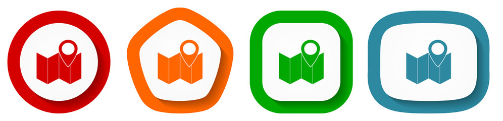 Poster - Marker, map, location and travel vector icon set, flat design buttons on white background