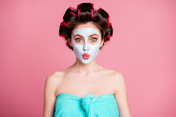 Poster - Close-up portrait of pretty funky flirty coquettish housewife wearing natural organic clay mask pout lips isolated over pink color background