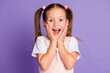 Photo of shocked amazed girl wear pink dress hold hands cheekbones surprise isolated on purple color background