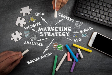 Wall Mural - MARKETING STRATEGY. Website, Idea, Content and Social Media concept. Computer keyboard and mobile phone