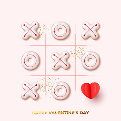 Wall Mural - Happy Valentine's Day card. Holiday background with realistic XO cookies, gold confetti and paper heart. Concept of tic tac toe game. Vector illustration with 3d objects for Valentine's Day.