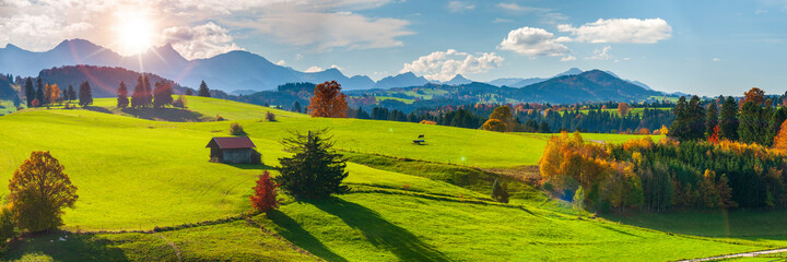 Poster - panoramic landscape in Bavaria with mountains and meadow at springtime