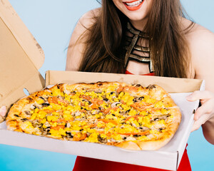 Sticker - Woman holding big pizza in box