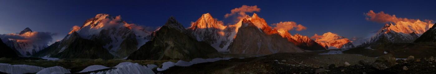 Wall Mural - panoramic view of mountains in Karakorum range in sunset , snow mountains of baltoro 