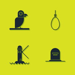 Sticker - Set Pirate parrot, Tombstone with RIP written, Lighthouse and Gallows rope loop hanging icon. Vector.