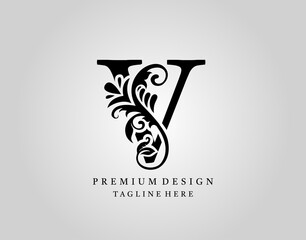 Wall Mural - Luxury Monogram Letter V logo design, elegant floral ornate alphabet design vector.