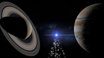 Wall Mural - great conjunction of jupiter and saturn , bethlehem star, christmas light , 3d rendering illustration