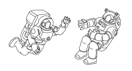 a pair of astronauts in spacesuits floating in zero gravity, meeting in outer space, vector illustration with black contour lines isolated on a white background in a hand drawn and cartoon style