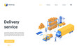 © lembergvector - 3d landing page website design with cartoon worker characters work on loader forklift, load pallet boxes in truck, loading process in warehouse. Isometric delivery logistic service vector illustration