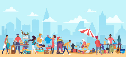 People in flea market vector illustration. Cartoon flat man woman buyer characters shopping second hand clothes on garage sale, vendors sell vintage furniture, jewelry in bazaar marketplace background