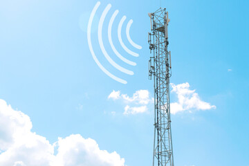 Poster - a radio tower with antennas that broadcasts a signal against the background of a blue sky with clouds