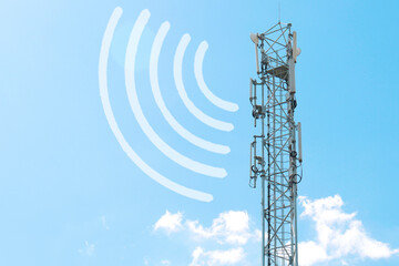 Poster - a radio tower with antennas that broadcasts a signal against the background of a blue sky with clouds