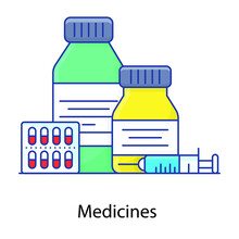 
Drug Bottles With Tablets, Medicines Flat Outline Icon
