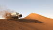 Lieferwagen springt über Düne in Wüste bei Lieferung