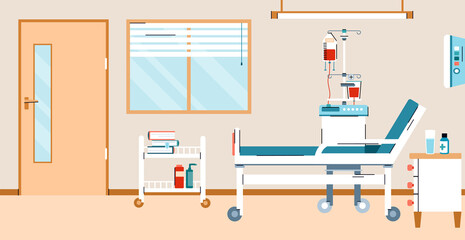 Wall Mural - Interior of a hospital room with a bed and medical equipment for first aid and treating ill patients. Banner for concept of medicine and health care. Vector illustration.