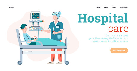 Wall Mural - Vector landing page template with female doctor taking care for male patient lying in medical bed. Modern hospital room with equipment for intensive therapy and medical diagnostics