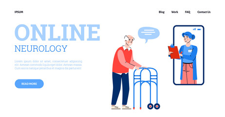 Wall Mural - Online neurology medicine website page template with doctor advising disabled elderly patient on neurological issues, flat cartoon vector illustration.