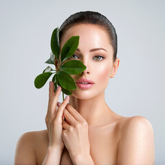 Wall Mural - beautiful woman with green leave near face and body. closeup girl's face with green leave. skin care