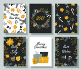 Fototapeta Dinusie - Set of cartoon greeting cards Happy New Year and Merry Christmas 2021. Decorative symbols with wishes of winter holidays, ornament Vector illustration.