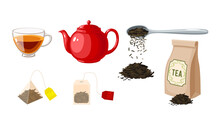 Tea Template Collection. Vector Illustration Cartoon Flat Icon Set Isolated On White Background.