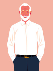 An elderly man holds his hands in his pants pockets. A happy businessman. A successful politician smiles. Vector flat illustration