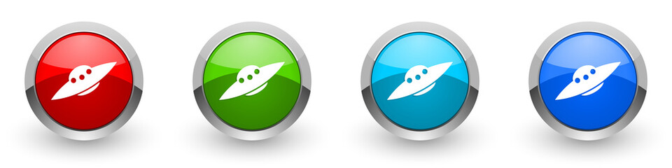 Poster - Ufo, alien spaceship silver metallic glossy icons, set of modern design buttons for web, internet and mobile applications in four colors options isolated on white background