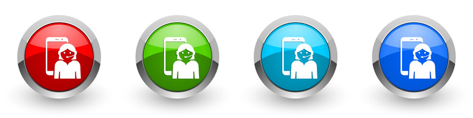 Poster - Online customer service in smartphone, silver metallic glossy icons, set of modern design buttons for web, internet and mobile applications in four colors options isolated on white background