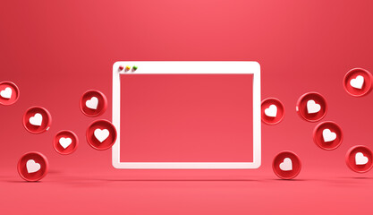 Web simple browser window with love heart Icons, abstract trendy design for social media advertising for valentine's day. 3d render.