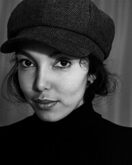 Wall Mural - Portrait of beautiful brunette young woman in hat looking at camera.