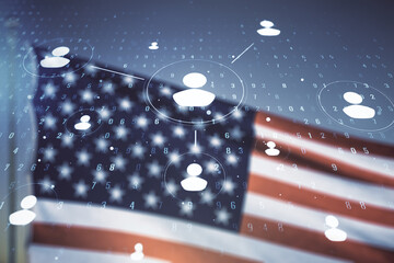 Abstract virtual social network concept on US flag and blue sky background. Multiexposure