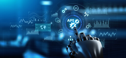 API Application programming interface. Robot hand pressing button. 3d rendering.