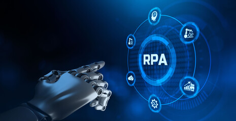 RPA Robotic process automation innovation technology concept. Robot pressing virtual button. 3d rendering.