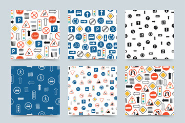 Collection cute seamless patterns with road signs and traffic lights on a white background. Illustration in hand drawn style for children's room design, Wallpaper, textile. Vector