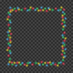 Poster - Frame made of Christmas light garland. Color square border garlands for holiday decoration. Realistic Xmas lights bulbs frame at transparent background. Vector.