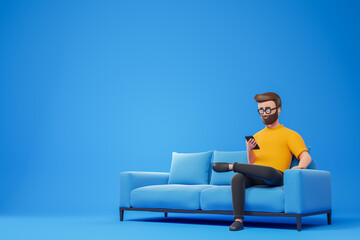 Cartoon smiling beard hipster man in yellow t-shirt and glasses seat on sofa and using smartphone over blue background.