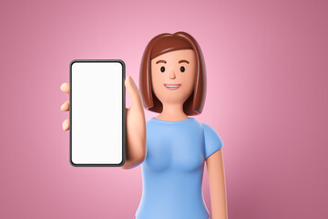 Cartoon  woman showing large smartphone with white blank screen over pink background.