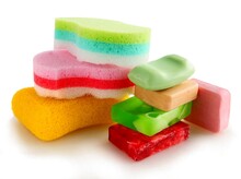 Multicolor Soaps,washing Gloves And Cosmetics In Bathroom