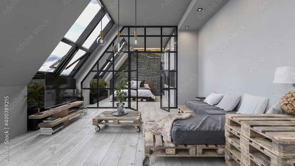 Cozy loft living room interior in an attic. Stock Illustration | Adobe ...