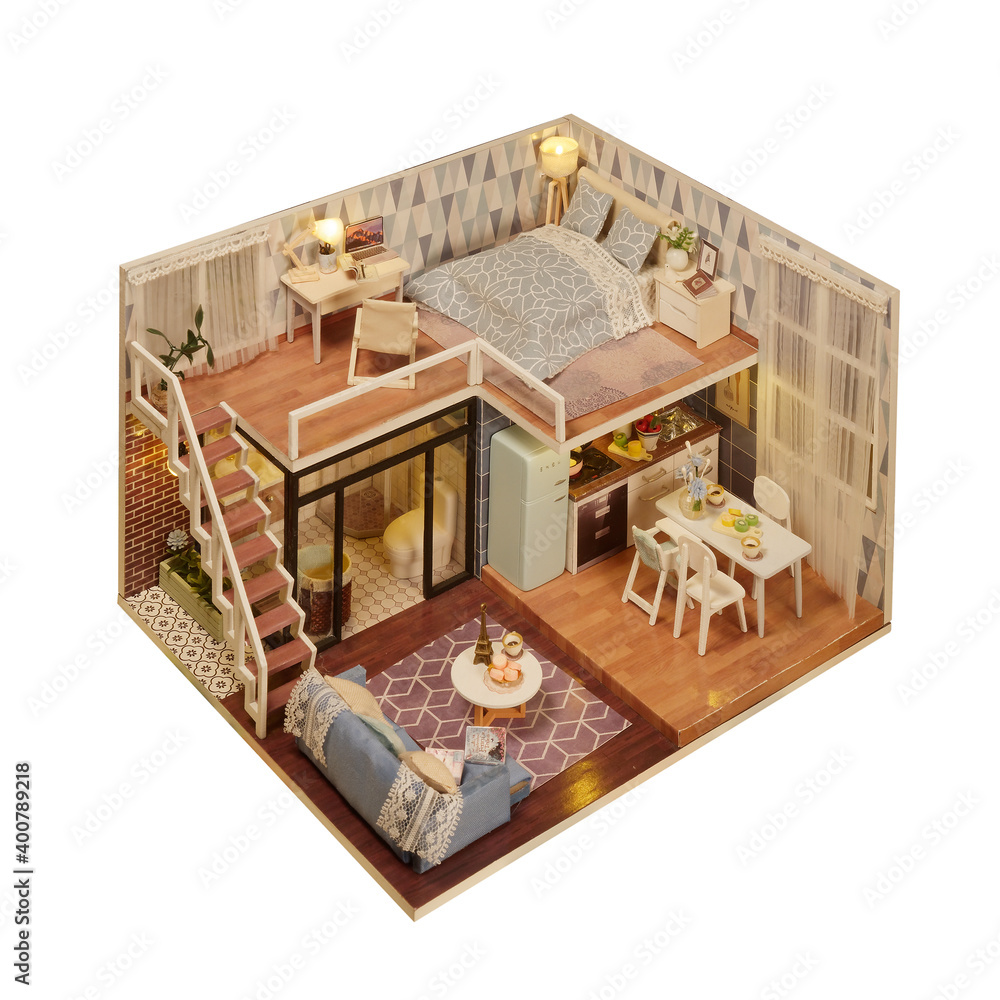 country house interior apartment tiny model home isolated white background perspective view - obrazy, fototapety, plakaty 