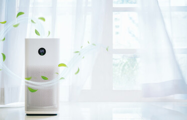 air purifier a living room, air cleaner removing fine dust in house. protect pm 2.5 dust and air pol
