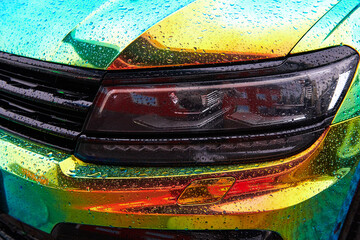 Chameleon holographic colour car in the rain. Car wrapping with iridescent paint. Raindrops on the car. Front view closeup. Modern LED headlights. Car wrapping. 