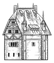 An Old Medieval House, Inn Or Other Building Drawing Or Map Design Element In A Vintage Engraved Woodcut Style