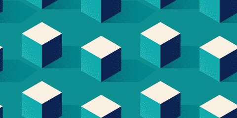 Seamless pattern with cube or box shape on green background in modern dotted texture style