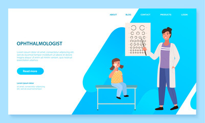 App to communicate with healthcare professionals. Website for consultation with an ophthalmologist. Program landing page template. Optometrist checks child s eyesight. Table for testing visual acuity