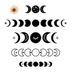 black moon phase logo set. boho moon symbol. black moon cycle. full moon, half moon isolated. celest